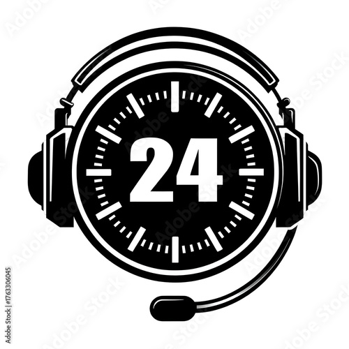 A stylized graphic icon representing 247 service featuring a clock face and a headset symbolizing constant availability and support