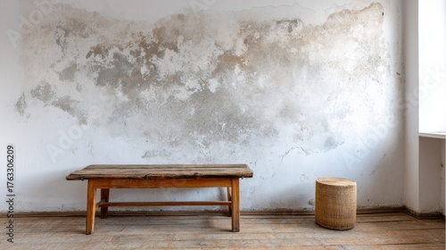 Rustic wooden table and wicker stool against aged plaster wall.