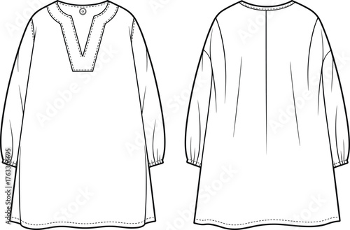 Tunic top vector illustration, front and back view, fashion CAD drawing, long sleeve V‑neck design, stylish apparel flat garment sketch