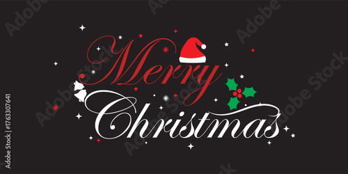 Holiday Season Merry Christmas Text Art with Red and White Typography. Merry Christmas Calligraphy Design on black Background. Beautiful Christmas Script Calligraphy Art with Snowflake Decoration. 