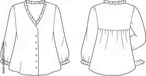 Women’s blouse vector illustration, front and back view, ruffle trim V‑neck button design, fashion CAD drawing, stylish apparel flat sketch