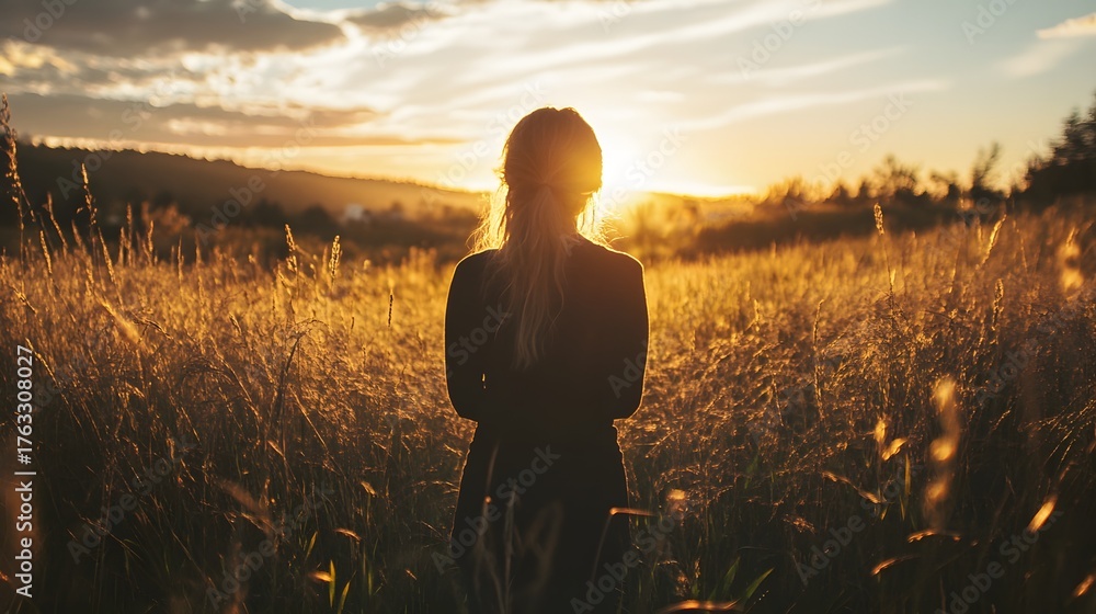 Fototapeta premium Silhouette of a woman standing in a field of tall grass, looking at the sunset.