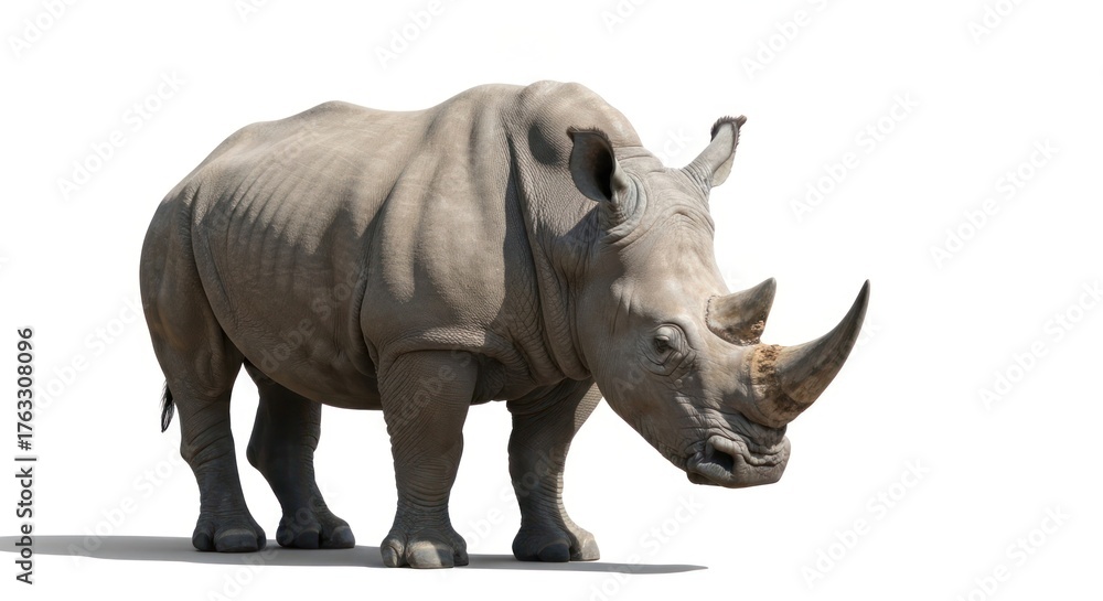 Fototapeta premium Grey rhino standing on white