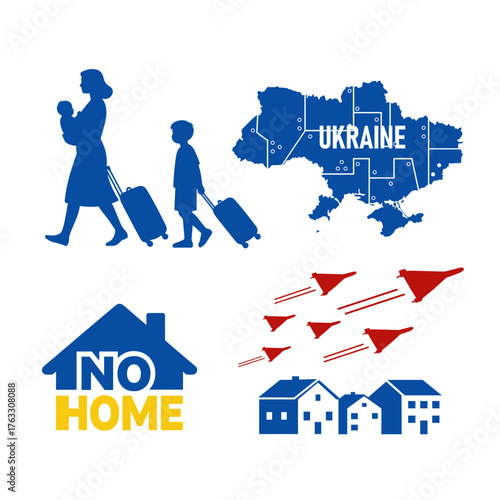 Silhouettes of war in Ukraine: civilians fleeing, refugees family, ukraine map, no home sign, drones, airstrikes, —illustrating the human and consequences of war