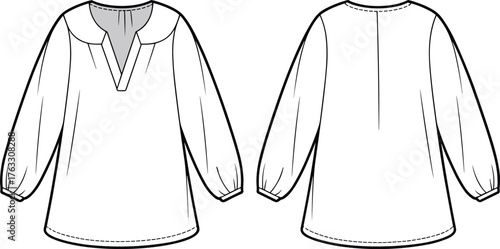 Women’s blouse vector illustration, front and back view, V‑neck partial placket design with yoke detail, fashion CAD drawing, apparel flat sketch