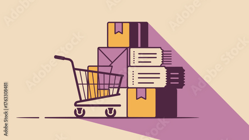 A shopping cart with boxes envelope and tickets stacked in a stylized illustration format design