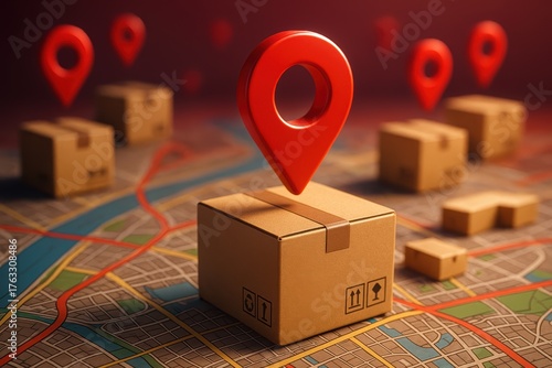 Delivery Destination: Illustrating logistics, with a cardboard box, symbolizing a package, placed at the center of a map, marked by a vivid red location pin, hinting at a global shipping.