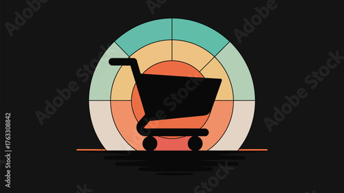 A black shopping cart silhouette against a segmented pastel circle on a dark background design art