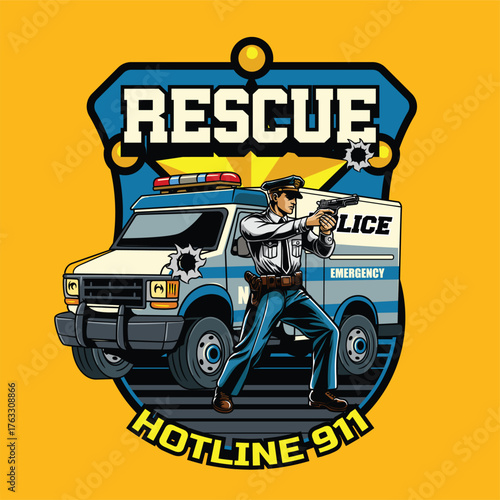 Police car illustration for tshirt design