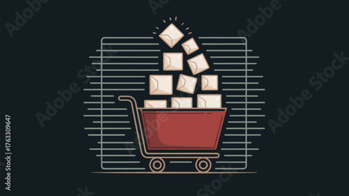 A red shopping cart filled with white packages against a dark background with lines behind