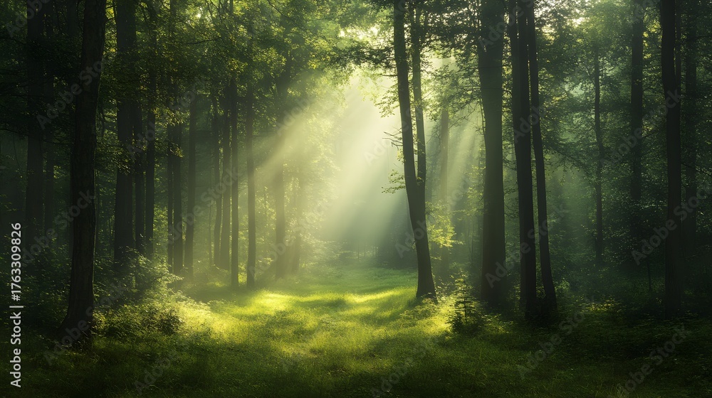 Fototapeta premium Sun rays illuminate a misty forest path, creating a mystical and serene atmosphere.