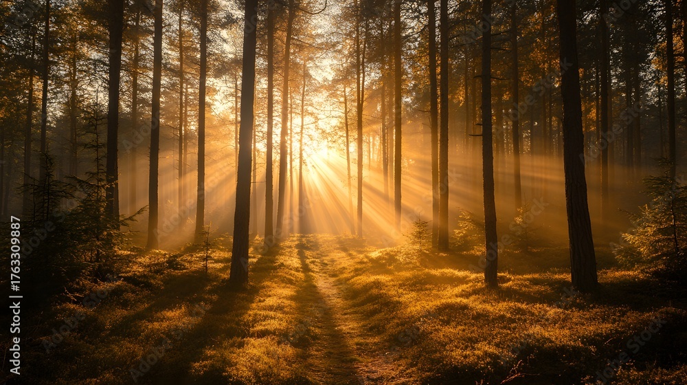 Fototapeta premium Sun rays breaking through the trees in a dense forest at sunrise.