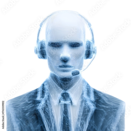 Futuristic holographic man with headset and suit symbolizing virtual communication and business support