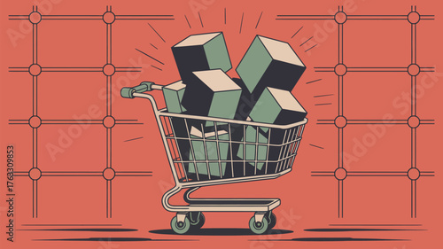 A shopping cart filled with green cubes against a red background with a grid pattern design behind