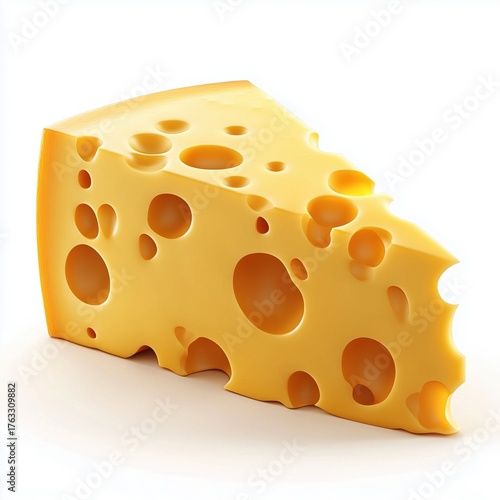 Close-up of a single piece of swiss cheese with large, irregular holes, showing its texture and creamy interior, isolated on white background