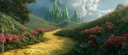 Emerald City beckons down the Yellow Brick Road, amidst wildflowers and rolling hills, scenic landscape, fantasy world, eye-level view