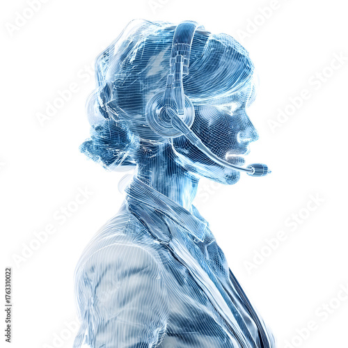 Futuristic blue hologram of a woman in a headset representing digital communication and customer support
