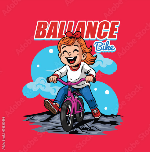 Cute illustration of a little girl riding a balance bike