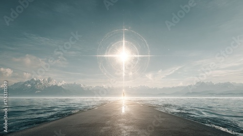 A pathway to a luminous, celestial portal over a tranquil lake.