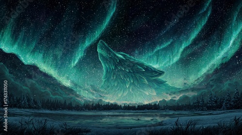 Wolf and northern lights landscape