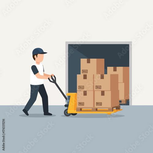 Efficient delivery service man moving boxes with hand truck quickly