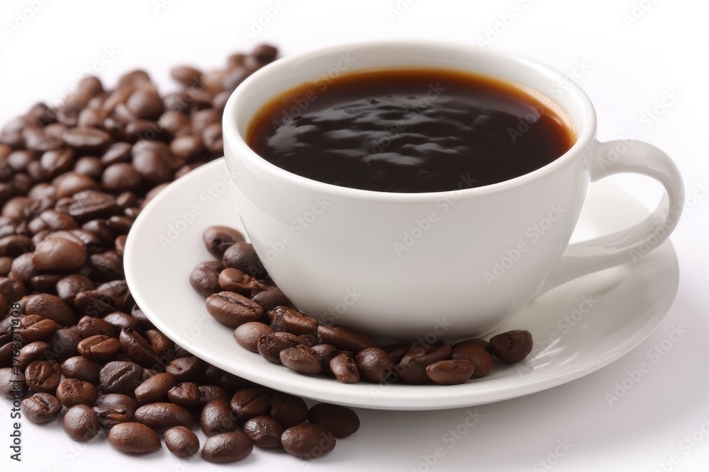 Obraz premium Close-up of Hot Black Coffee in White Cup with Roasted Coffee Beans on Saucer and Tabletop Studio Shot