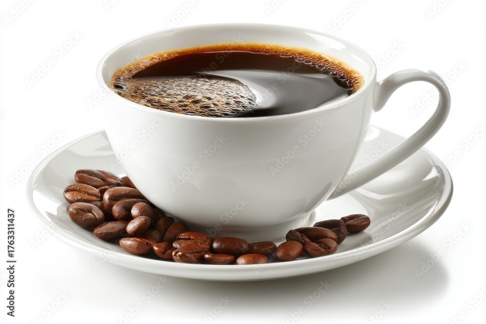 Fototapeta premium Cup of Black Coffee with Beans on Saucer Close Up Studio Shot on White Background Minimalist Style