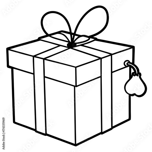Wrapped Gift Box with Ribbon and Heart Tag, Linear Style Illustration Design