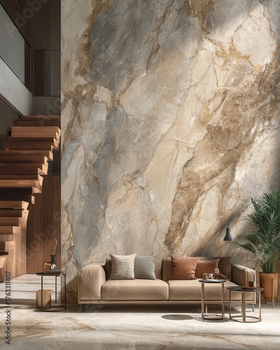 Modern living room interior with marble wall and staircase, beige sofa and side tables, indoor plants, stylish home