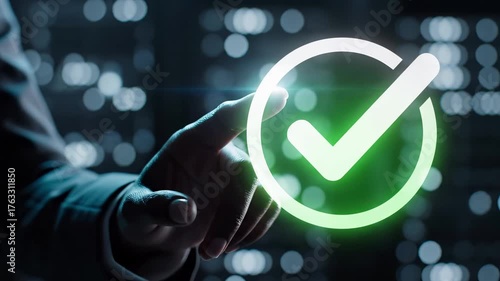 Hand touches glowing green checkmark for approval verification concept. Digital interface symbol represents quality assurance, compliance certification, successful validation, authentication