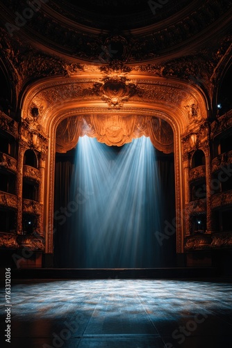 Grand theater stage with golden baroque details and dramatic lighting from below eye level