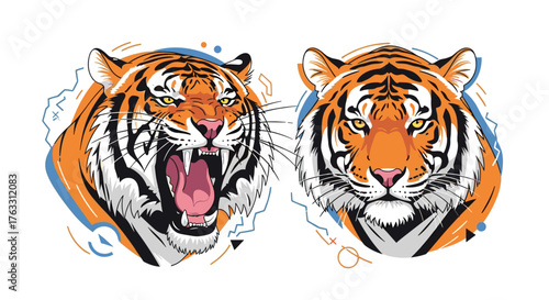 Two detailed tiger portraits one roaring the other calm.