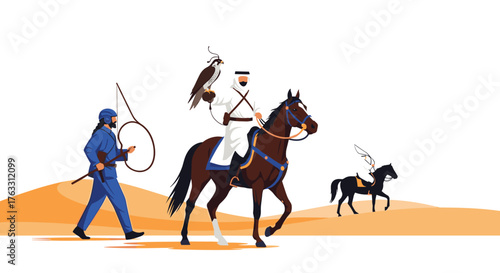 Arabian Falconry: A Rider with a Bird of Prey in the Desert.