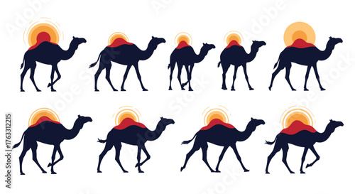 Camels Silhouettes Walking Under Sunset Sky Desert Scene.