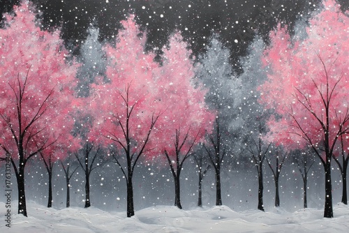 Winter Forest Painting with Pink Trees and Snowfall Artistic Landscape Scene