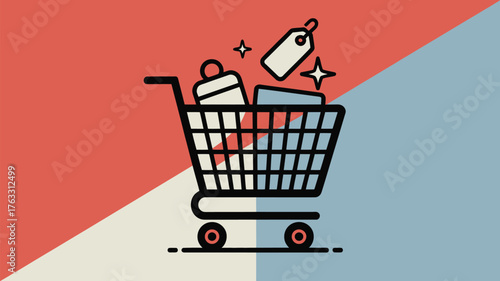 A shopping cart filled with items and a tag on a diagonally split color background illustration art