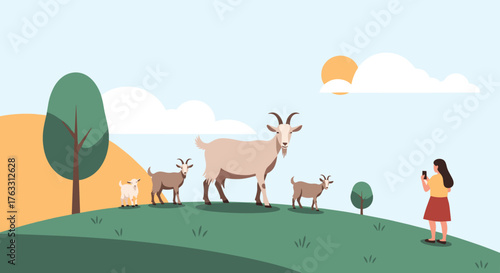 Goats and a girl on a green hill under the sun.