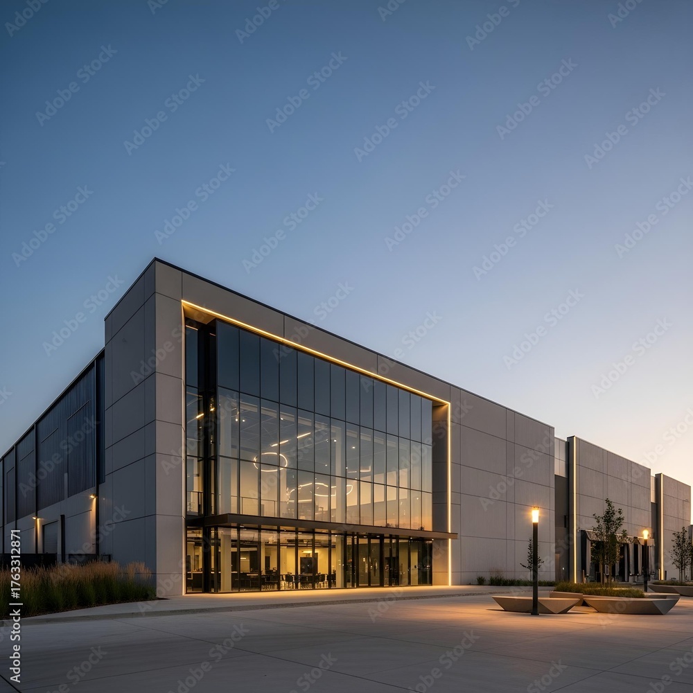 Obraz premium Twilight Elegance: A Sleek Modern Warehouse with Minimalist Industrial Design, Ambient Reflections, Clean Lines, and Soft Twilight Shadows in an Urban Setting