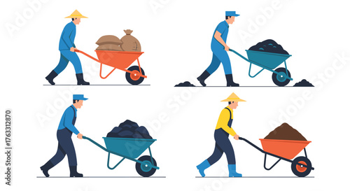 Workers pushing wheelbarrows with different materials various tasks.
