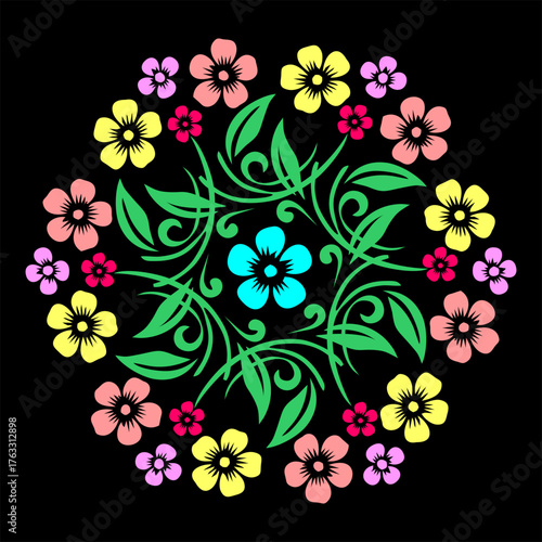 A luminous ring of blossoms encircling vibrant leaves, symbolizing unity, growth, and the endless blooming rhythm of nature’s harmony and renewal.
