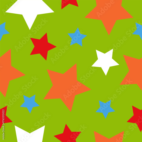 Seamless pattern with colorful stars on green background