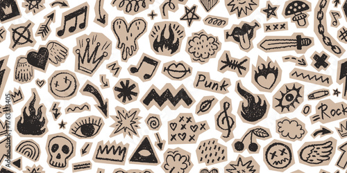 Punk rock music doodle icons seamless pattern. Hand drawn fire heart skull vector element. Punk rock tattoo scrapbook collage. Music scribble sketch cutout craft paper background. Grafitti sticker bg