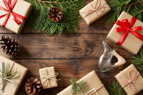 Christmas gifts and evergreen branches on rustic wooden background, festive, cozy winter scene, elegant holiday design, copy space, celebratory spirit, traditional style, seasonal joy, luxury Chris