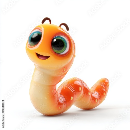 Cheerful cartoon orange worm with large green eyes and brown antennae on white background
