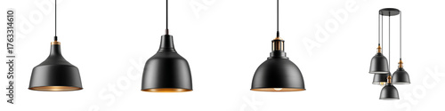 Set of modern black pendant lamps with golden accents on a white background