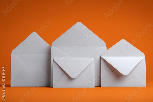 Minimalist Studio Shot of Three White Envelopes on Orange Background Communication and Correspondence Concept
