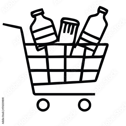 Shopping cart icon with groceries simple line art vector illustration for online stores and retail apps isolated on white background
