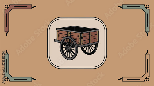 A wooden cart with wheels inside a rounded rectangle with decorative corners on a tan background color