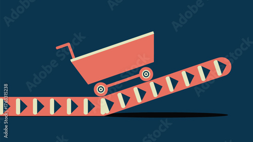 A pink cart with wheels going up a conveyor belt with arrows on a dark blue background illustration