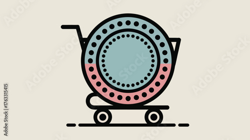 Illustration of a shopping cart carrying a circular object with a dotted pattern design on it